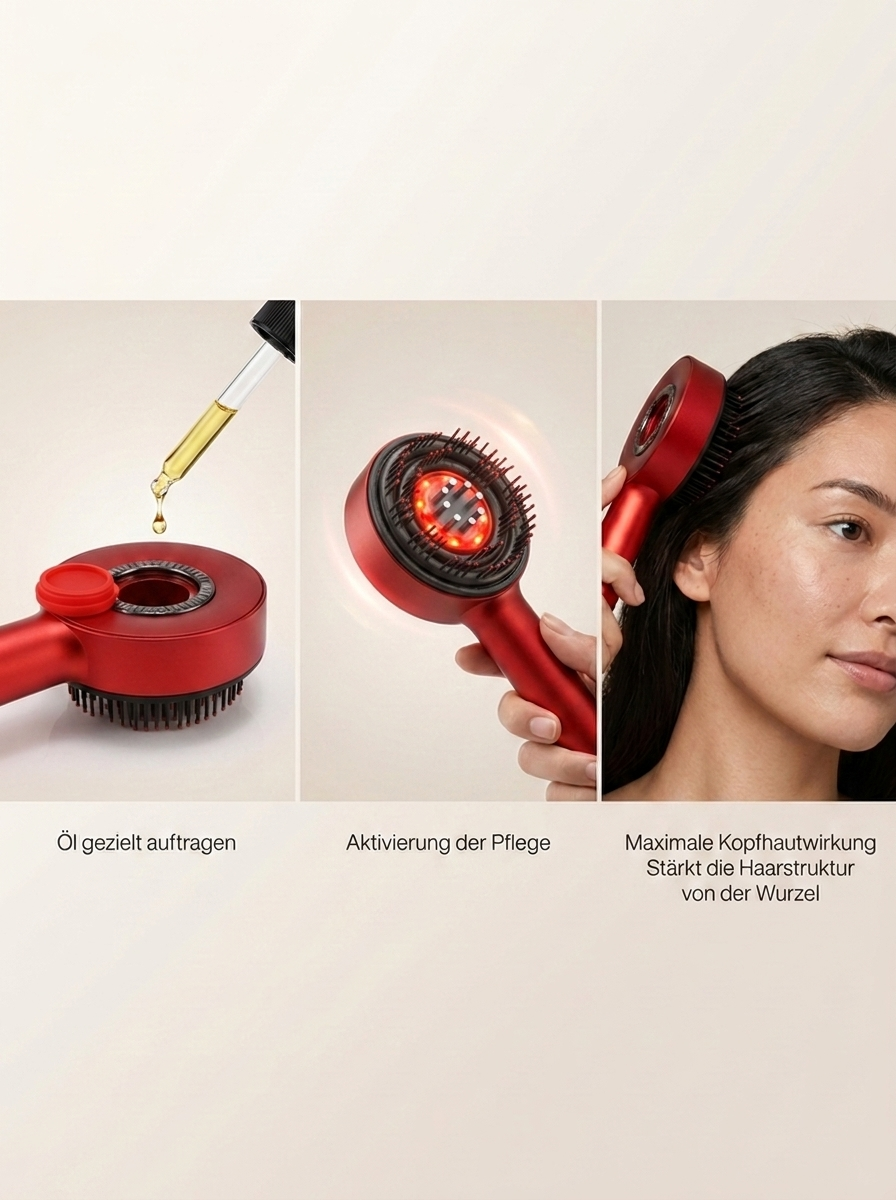 3-in-1 Rotlicht-Haarpflegebürste mit Vibration & Öl-Applikator
