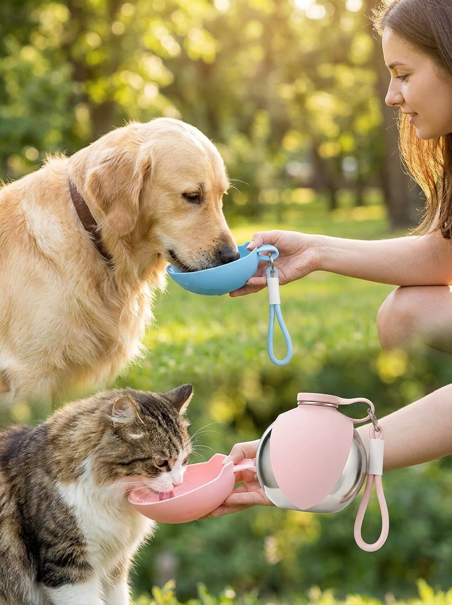 Stilvolle Hunde-Trinkflasche aus Edelstahl mit integriertem Silikonnapf