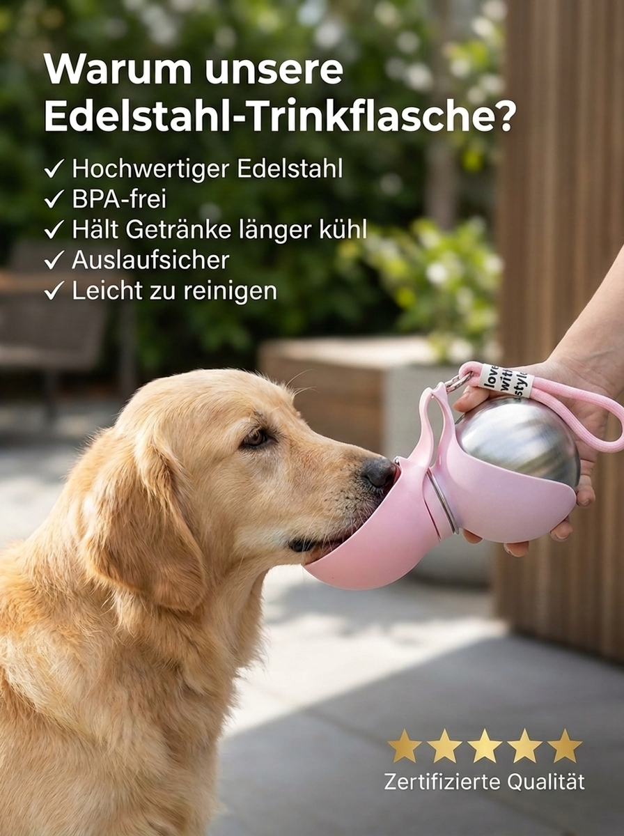 Stilvolle Hunde-Trinkflasche aus Edelstahl mit integriertem Silikonnapf