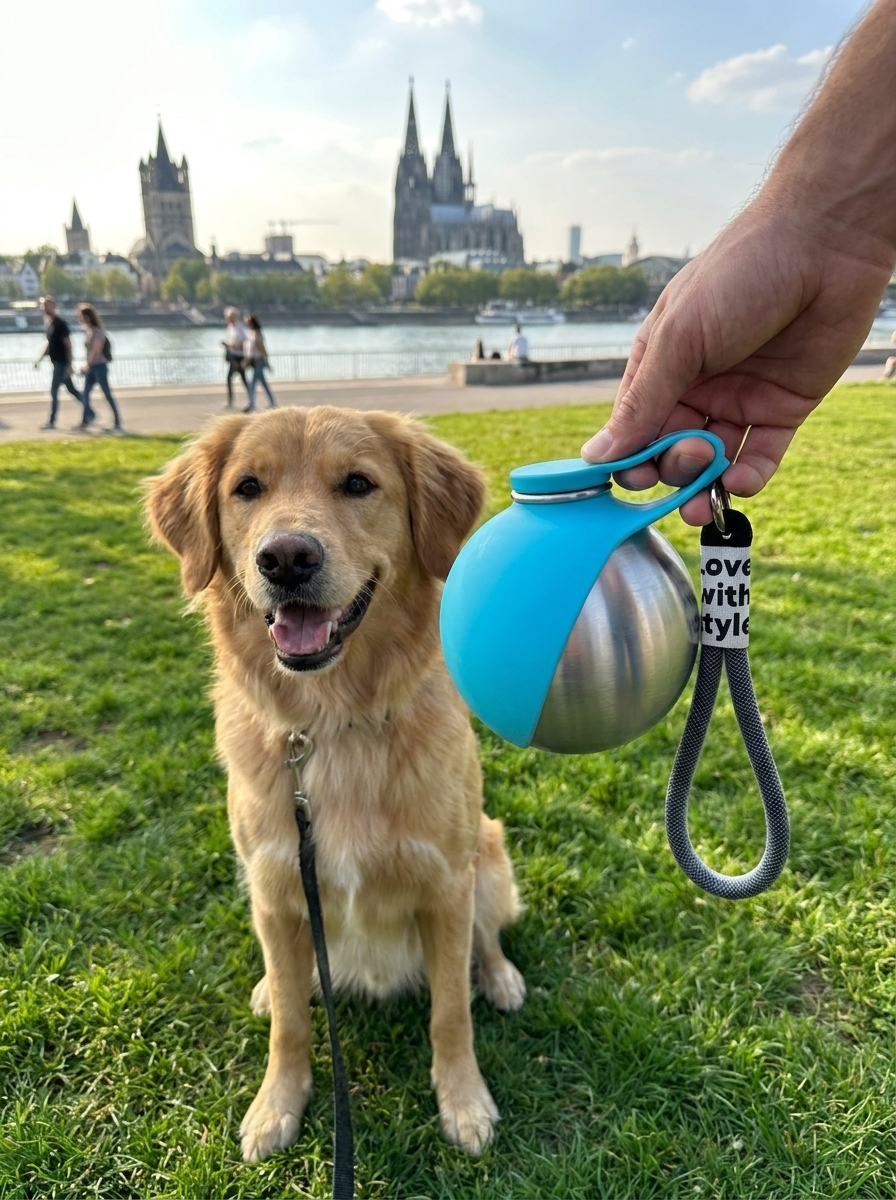 Stilvolle Hunde-Trinkflasche aus Edelstahl mit integriertem Silikonnapf
